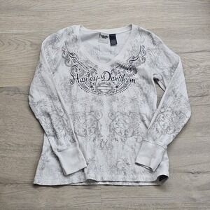 Harley-Davidson Blouse Women's Medium White Stretch Round Neck Top Sequins
